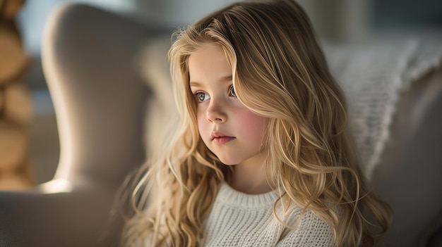 Una bella ragazza bionda europea con i capelli ricci sul divano.