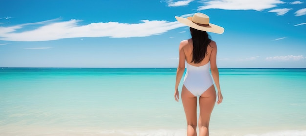 Una bella ragazza bruna vestita con un costume da bagno bianco e un cappello di paglia a tesa larga entra nell'oceano
