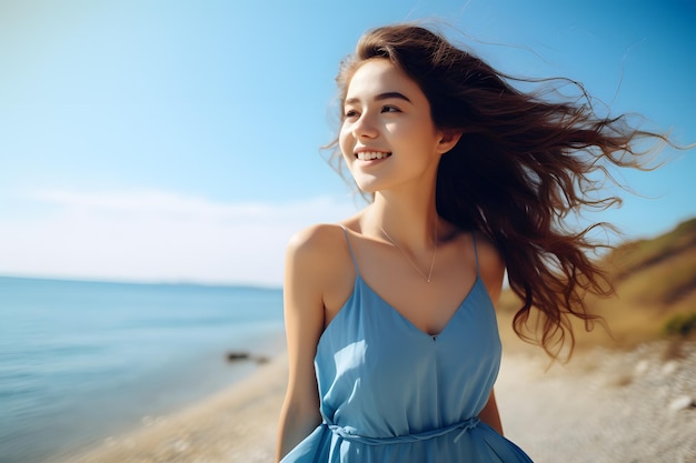 Una bella ragazza che cammina sulla spiaggia festeggiando la sensazione estiva