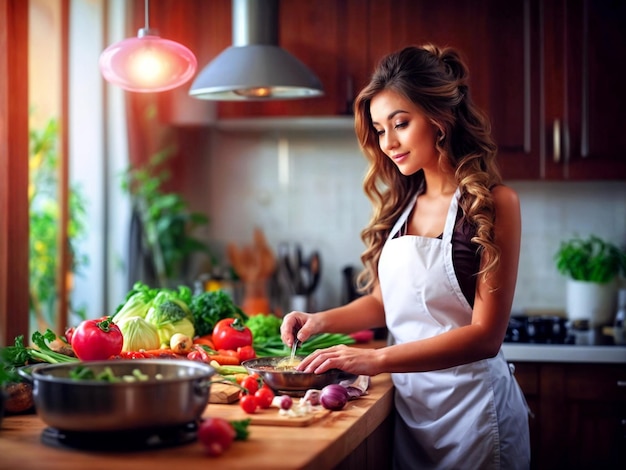 Una bella ragazza che cucina in cucina.