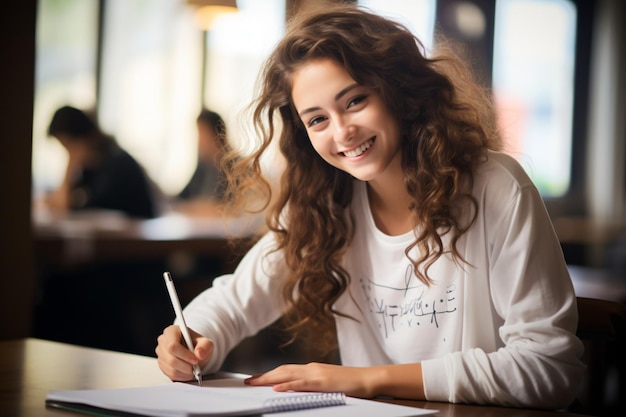 Una bella ragazza che è una studentessa universitaria che studia scrittura a mano