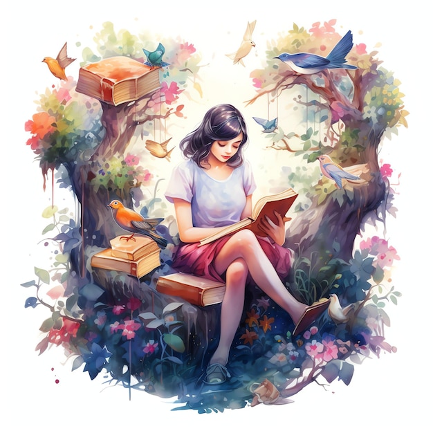 Una bella ragazza che legge in un giardino stravagante con libri che crescono sugli alberi acquerello clipart