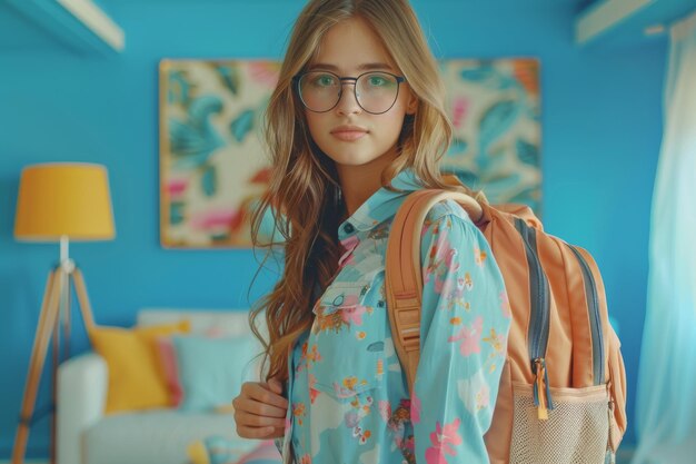 Una bella ragazza con gli occhiali in una camicia da ufficio raccoglie uno zaino nello spazio di copia del soggiorno