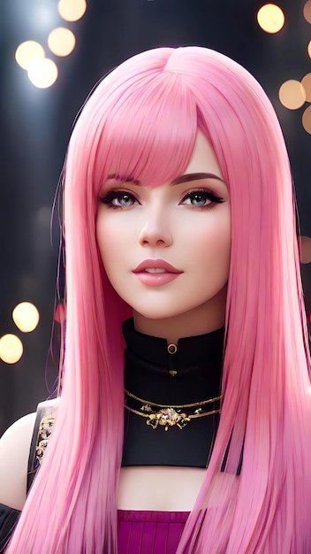 Una bella ragazza con i capelli rosa e un top nero