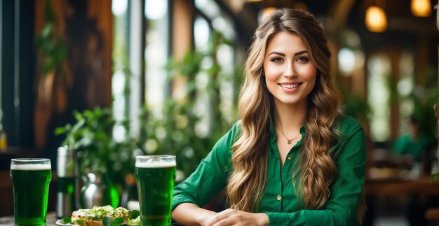 Una bella ragazza con un bicchiere di birra verde in un bar