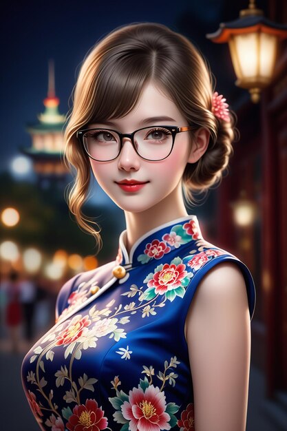 Una bella ragazza con un cheongsam e occhiali di notte in stye dei cartoni animati