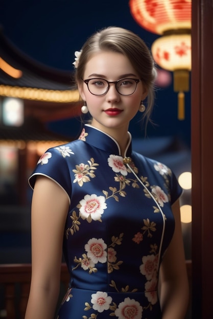 Una bella ragazza con un cheongsam e occhiali su uno sfondo notturno