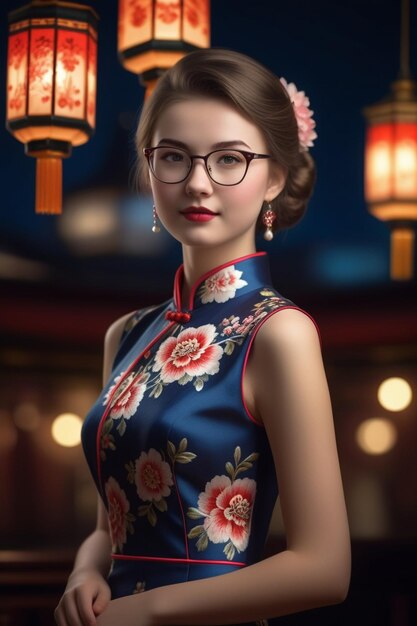 Una bella ragazza con un cheongsam e occhiali su uno sfondo notturno