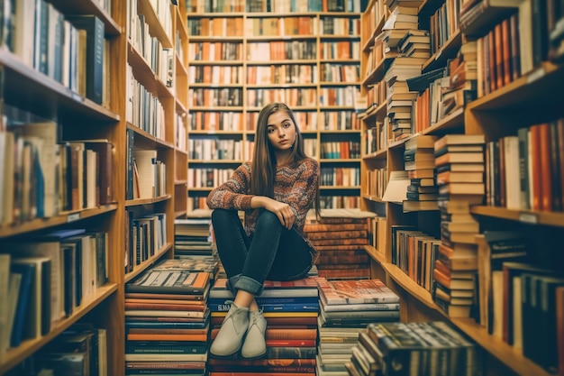 Una bella ragazza con un libro seduta e sorridente nella biblioteca