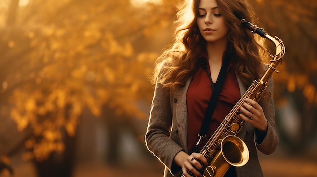 Una bella ragazza con un sassofono