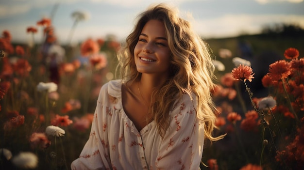 Una bella ragazza con un sorriso sul viso vestita con abiti estivi leggeri siede tra fiori selvatici un bel tramonto