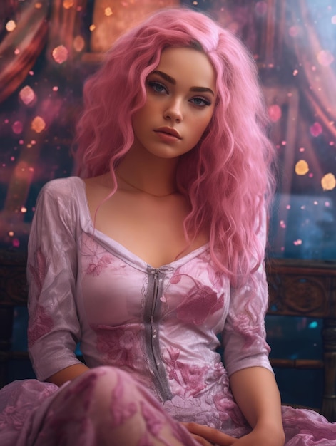 Una bella ragazza con un vestito di pizzo e i capelli rosa.