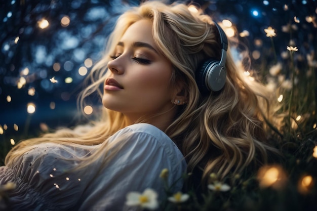 Una bella ragazza con un vestito verde sta in una foresta incantata buia guardando la luce magica Leggende