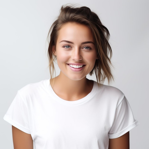 Una bella ragazza con una maglietta bianca che sorride.