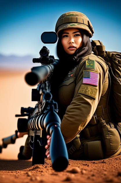 Una bella ragazza dell'esercito con una pistola generata da Ai