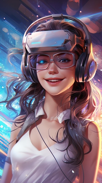 Una bella ragazza di anime che indossa occhiali VR con cuffie Generative AI