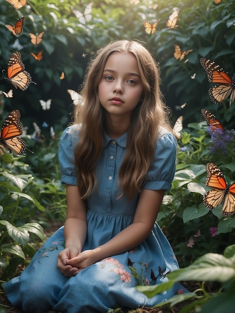Una bella ragazza è seduta in un giardino con delle farfalle che volano accanto a lei.