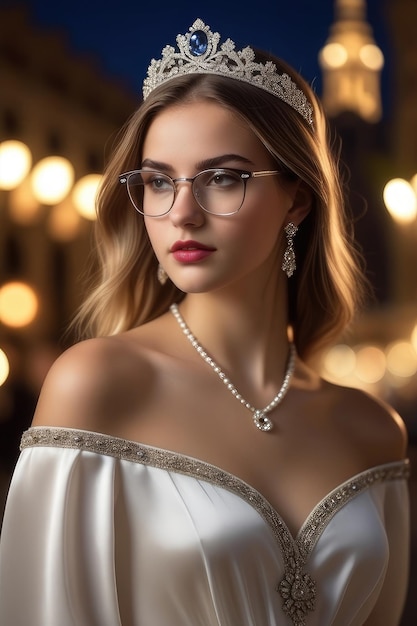 Una bella ragazza europea in abito bianco tiara e occhiali è in piedi in strada di notte