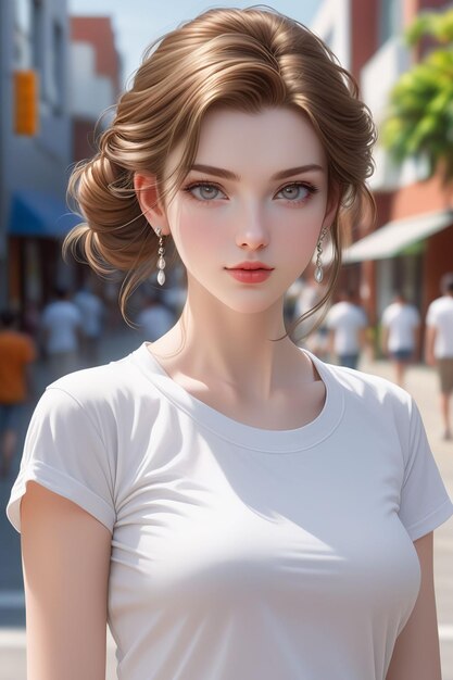 Una bella ragazza europea in camicia bianca è in piedi sulla strada soleggiata in stile cartone animato
