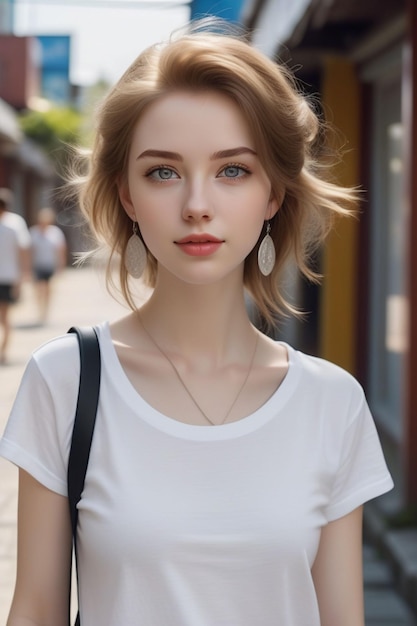 Una bella ragazza in camicia bianca è in piedi per strada in una giornata di sole