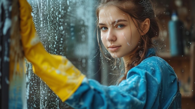 Una bella ragazza in una tuta blu lava una finestra