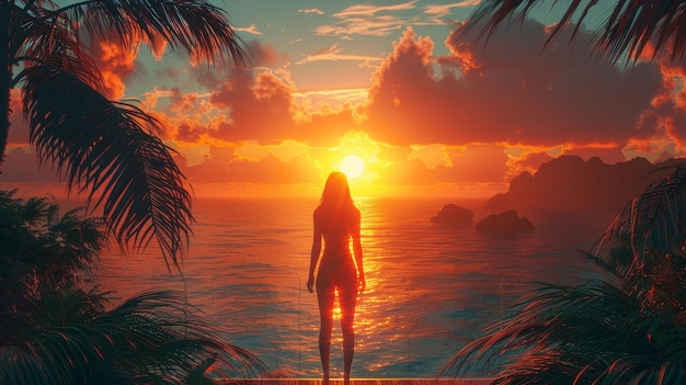 Una bella ragazza in vacanza nei tropici incontra l'alba e il tramonto tra l'oceano e le montagne in questo paesaggio digitale