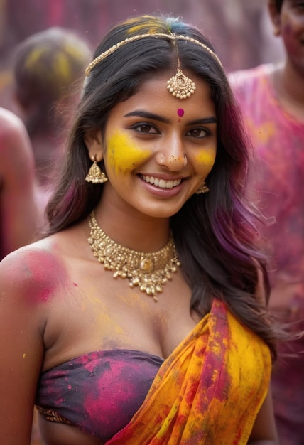 Una bella ragazza indiana indossa un bikini con un petto grosso al festival di Holi