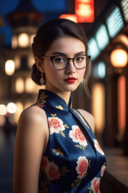 Una bella ragazza indossa il Cheongsam sullo sfondo della città di mezzanotte