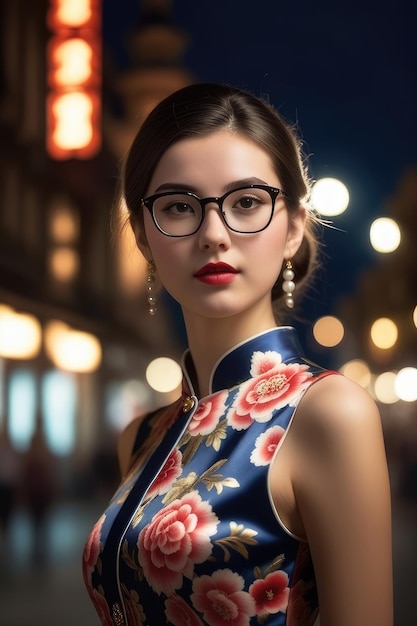 Una bella ragazza indossa il Cheongsam sullo sfondo della città di mezzanotte