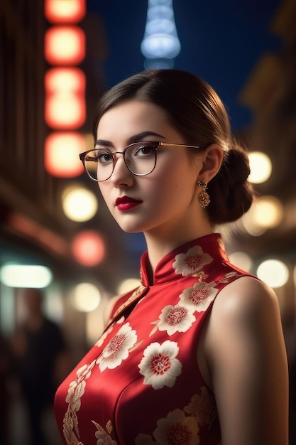 Una bella ragazza indossa il Cheongsam sullo sfondo della città di mezzanotte