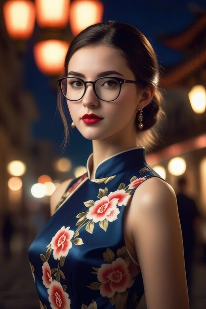 Una bella ragazza indossa il Cheongsam sullo sfondo della città di mezzanotte