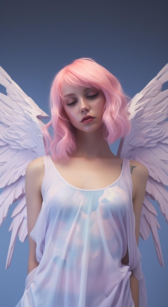 Una bella ragazza innocente e tenera angelo un arcangelo vestito di seta si incontra all'ingresso del cielo