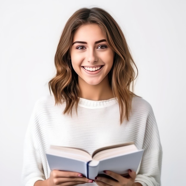 Una bella ragazza israeliana sorride entusiasta e presenta un libro con una copertina bianca realistica