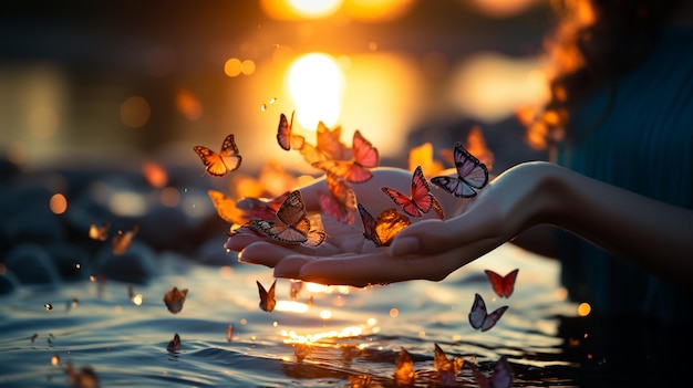 una bella ragazza libera molte farfalle nella natura sullo sfondo di un tramonto