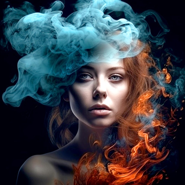 Una bella ragazza modello che posa la macchina fotografica sopra il fumo colorato