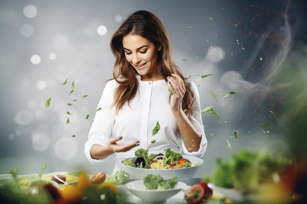 Una bella ragazza positiva prepara un delizioso piatto sano