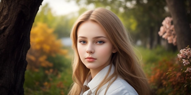 Una bella ragazza russa sorridente ritratto sullo sfondo sfocato della natura