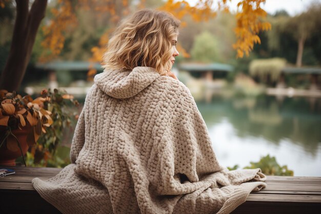 Una bella ragazza seduta su una panchina nel parco indossando un poncho fatto a crocchetto