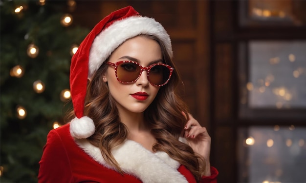 Una bella ragazza sexy che indossa abiti di Babbo Natale su sfondo nero Babbo natale femminile
