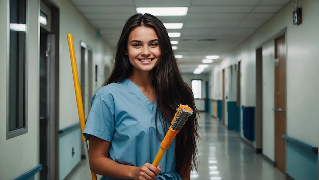 Una bella ragazza sorride con i capelli lunghi e scuri che tiene un asciugamano in un'ala dell'ospedale