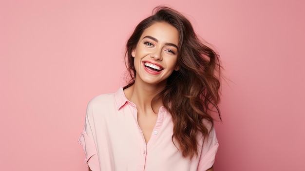 Una bella ragazza sorride sullo sfondo di una generazione di IA a parete rosa