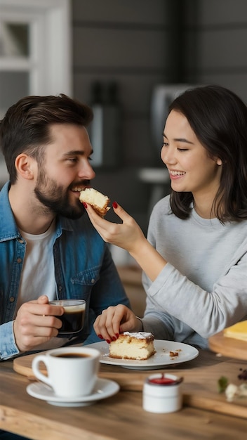 Una bella ragazza sorridente dà da mangiare al suo bel ragazzo mangiando deliziose torte e bevendo caffè