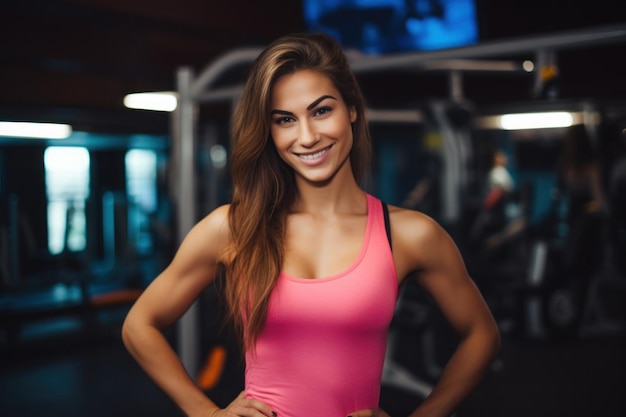 Una bella ragazza sorridente, molto carina e in forma in piedi in palestra.