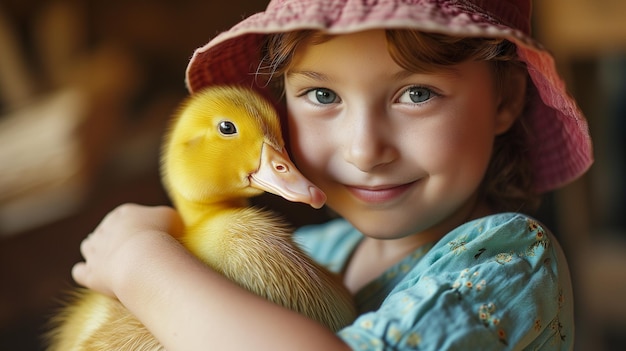 Una bella ragazzina sorridente abbraccia un'anatra gialla