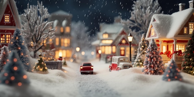 Una bella rappresentazione dell'ambiente invernale di un villaggio e di una casa natalizia all'esterno per l'IA generativa natalizia