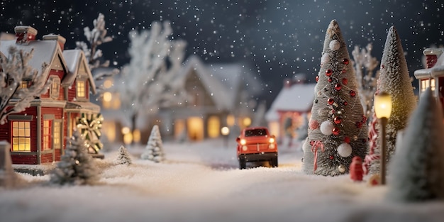 Una bella rappresentazione dell'ambiente invernale di un villaggio e di una casa natalizia all'esterno per l'IA generativa natalizia