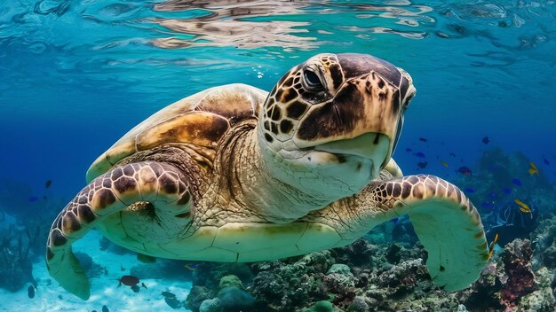 Una bella ripresa ravvicinata di una grande tartaruga che nuota sott'acqua nell'oceano