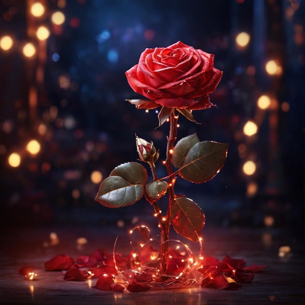 Una bella rosa magica rossa con luci magiche sullo sfondo