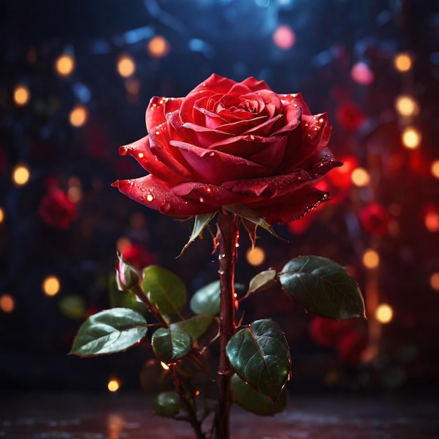 Una bella rosa magica rossa con luci magiche sullo sfondo