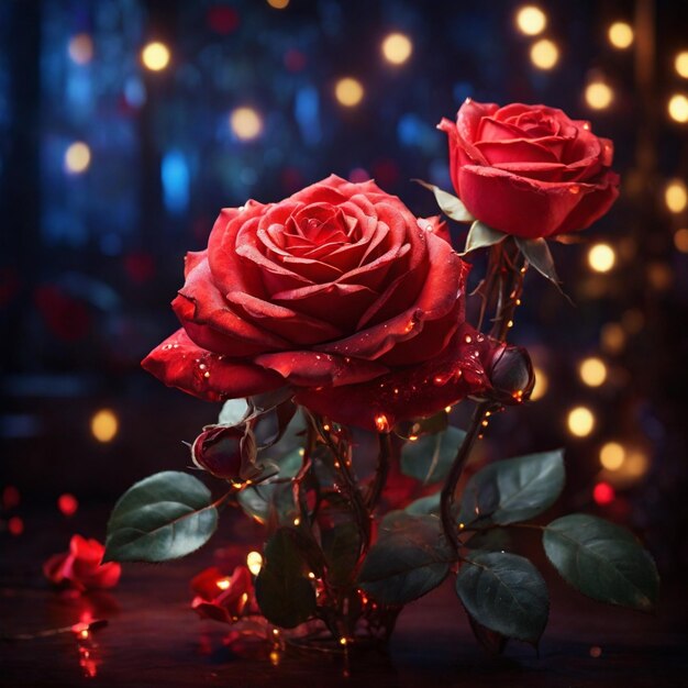 Una bella rosa magica rossa con luci magiche sullo sfondo